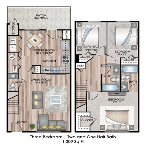 Floor plan for 3 beds, 2.5 baths, 1309 sqft